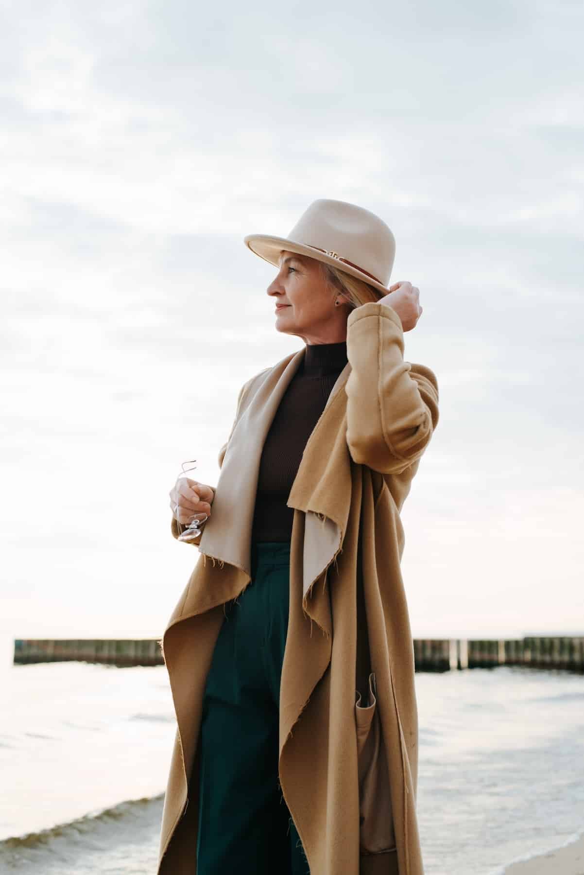 beautiful mature woman in brown coat