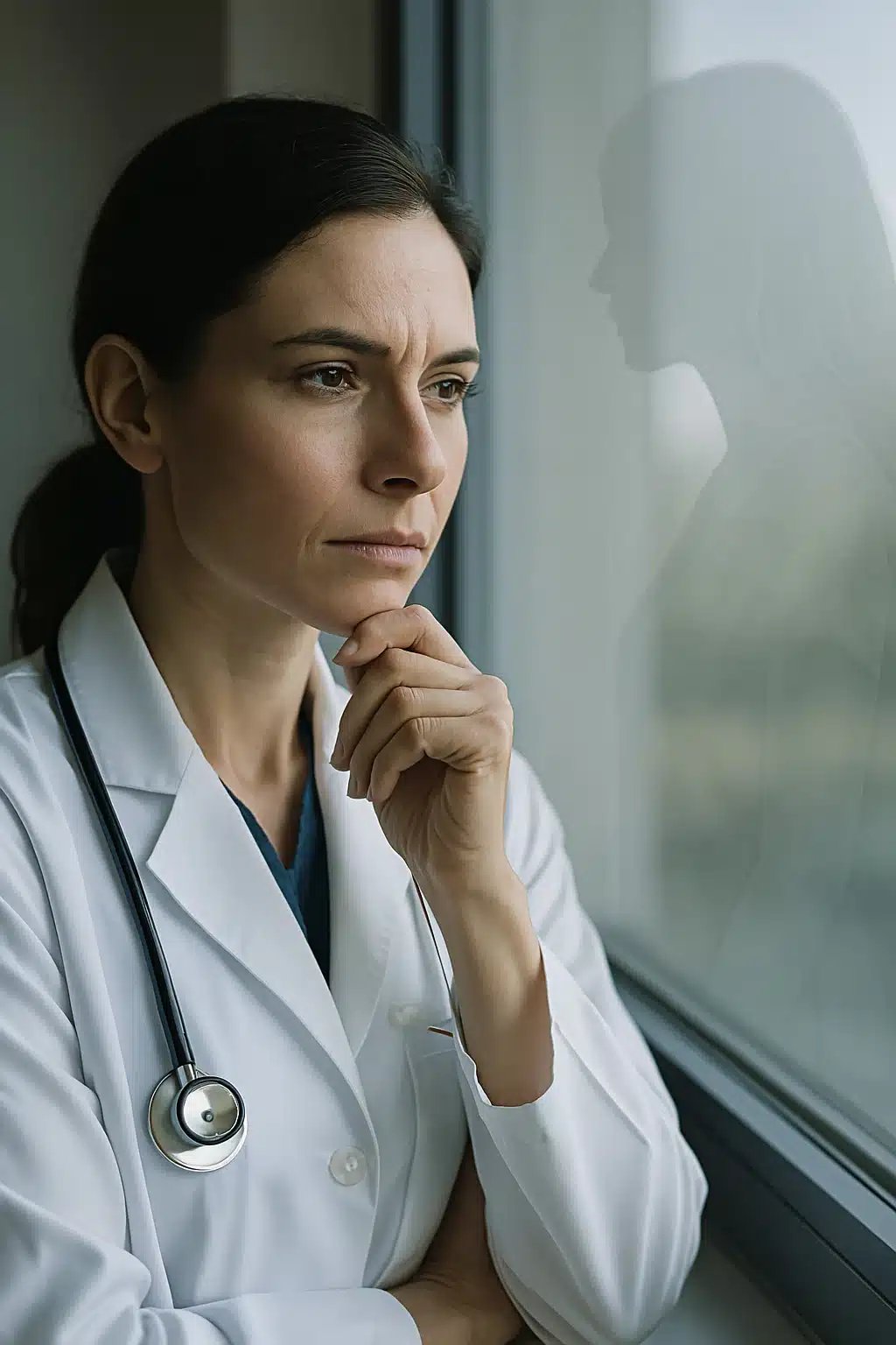 Thoughtful female doctor looking out window.