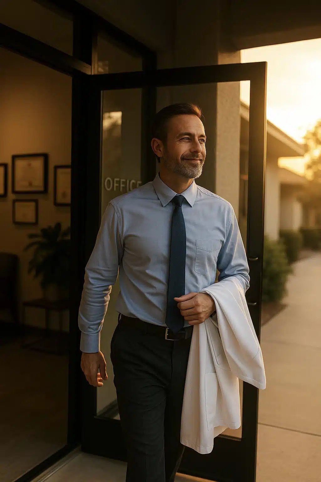 Smiling doctor leaving office at sunset.